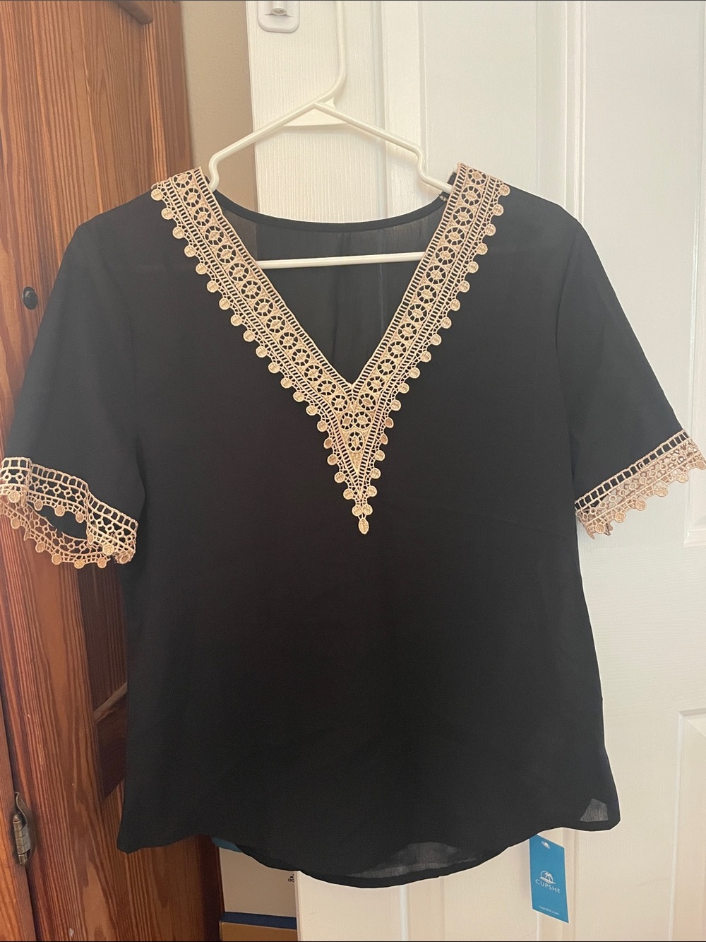 Cupshe Black V-Neck Top with Cream Lace Trim